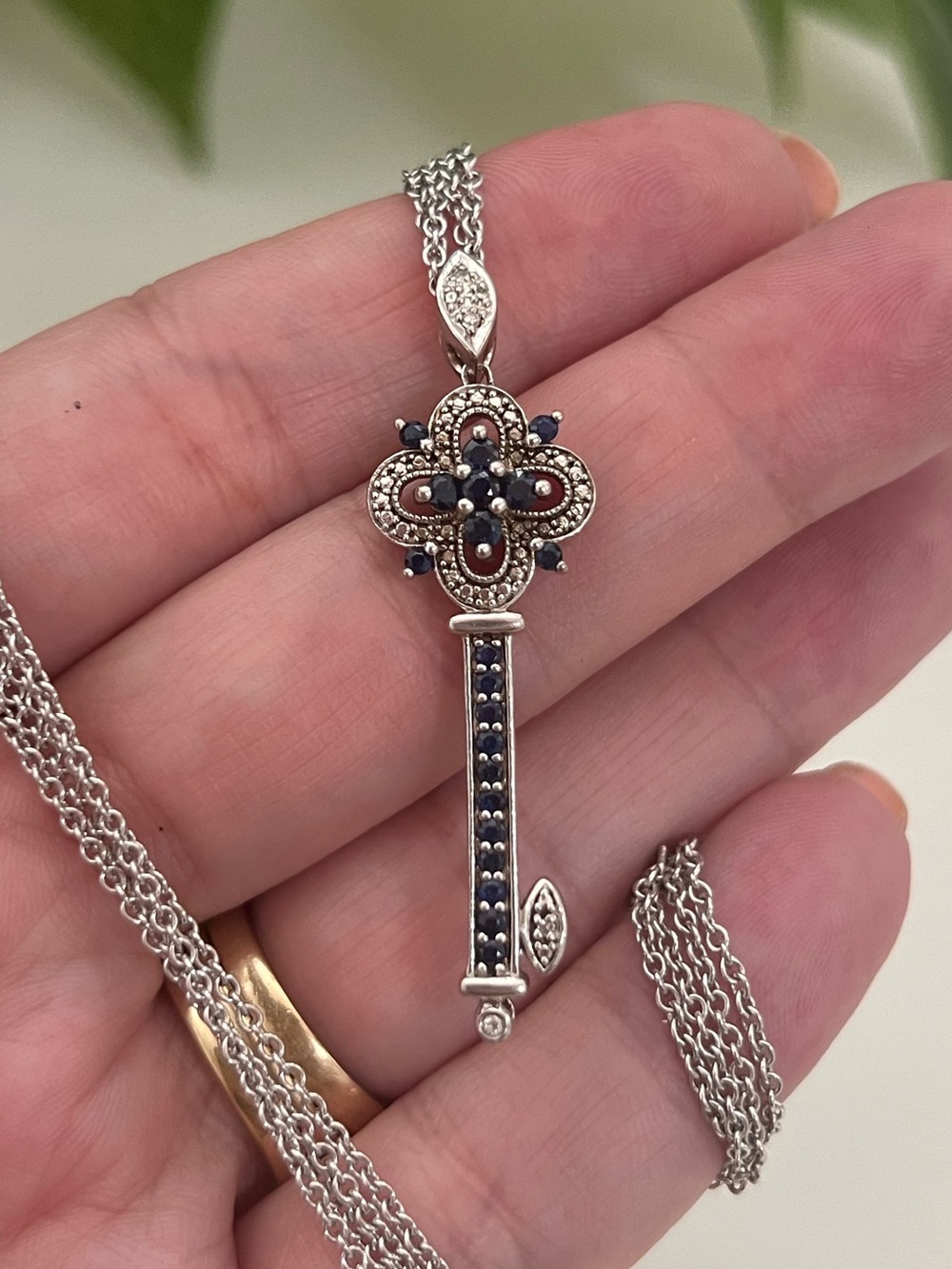 Natural Blue Sapphire & Diamond Key Pendant Necklace in Sterling Silver